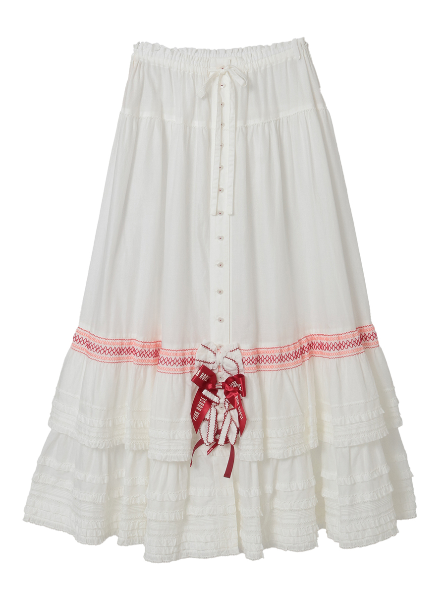 スモック刺繍スカート 詳細画像 シロ×アカ 1