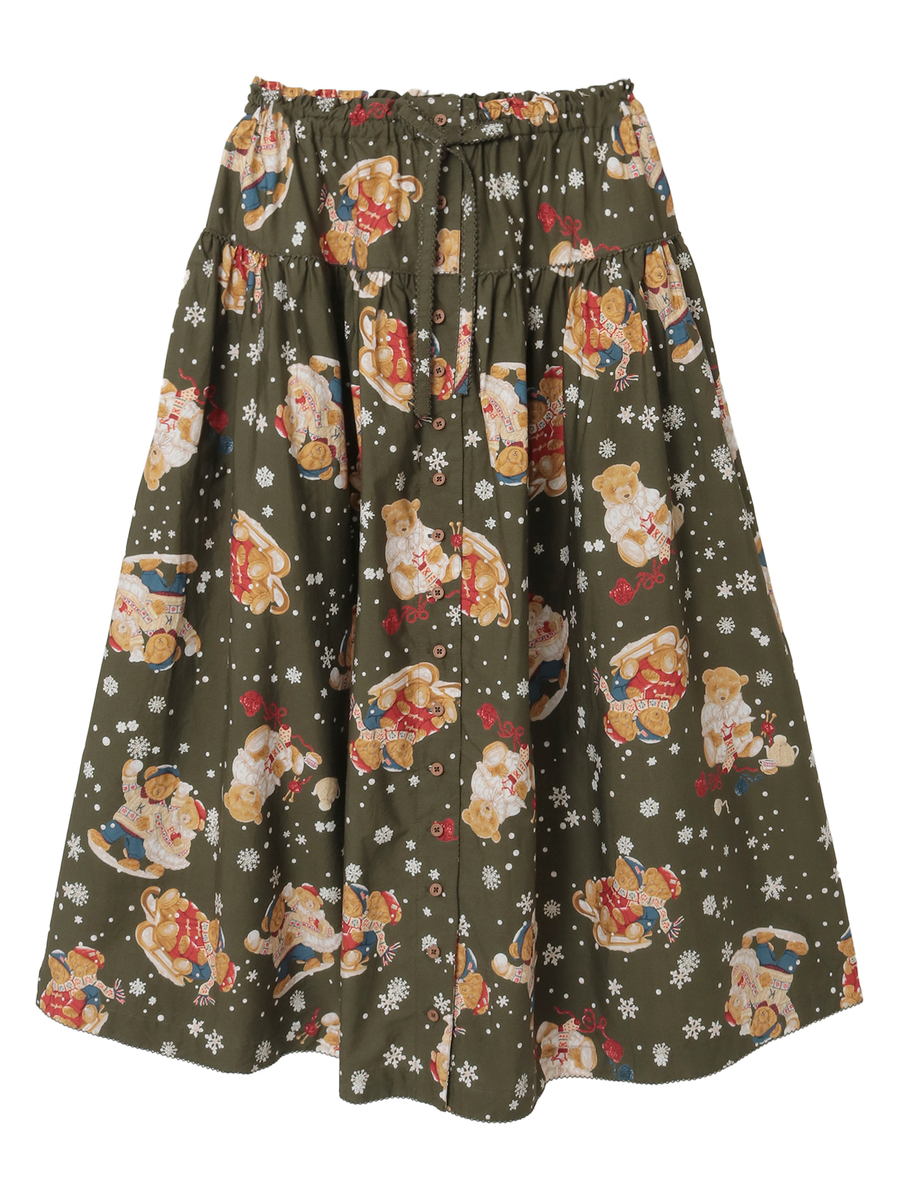 三つ子のくまの冬支度プリントスカート 詳細画像 カーキ 1