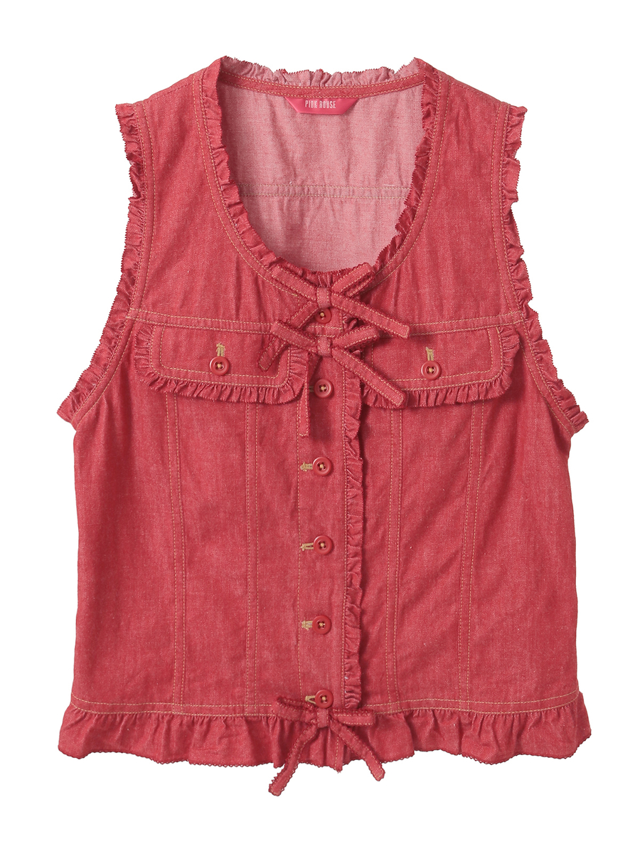 フリル使いデニムベスト 詳細画像 アカ 1