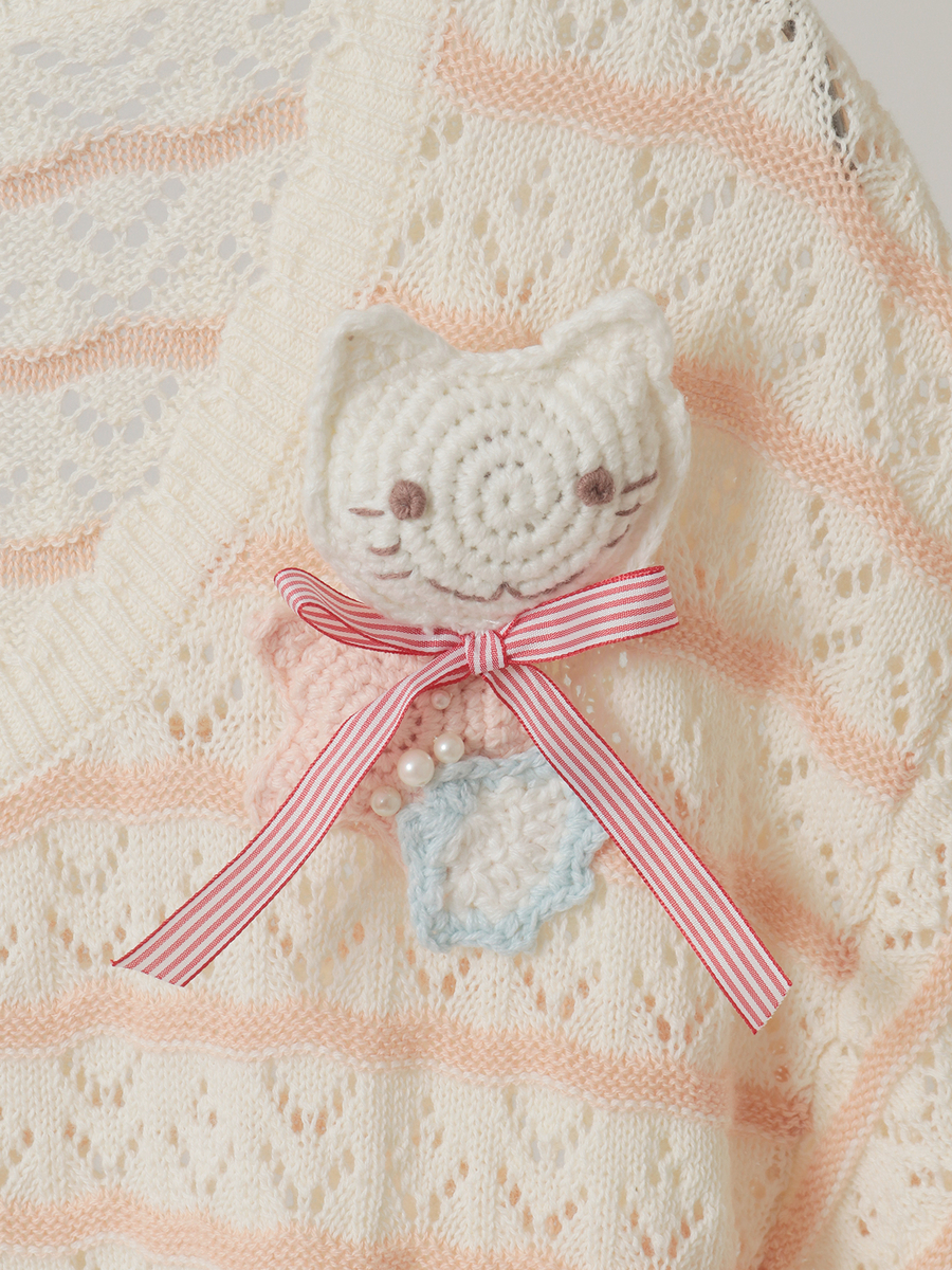 さざ波とねこミニブローチ付きニットカーディガン 詳細画像 アイボリー&times;ピンク 10