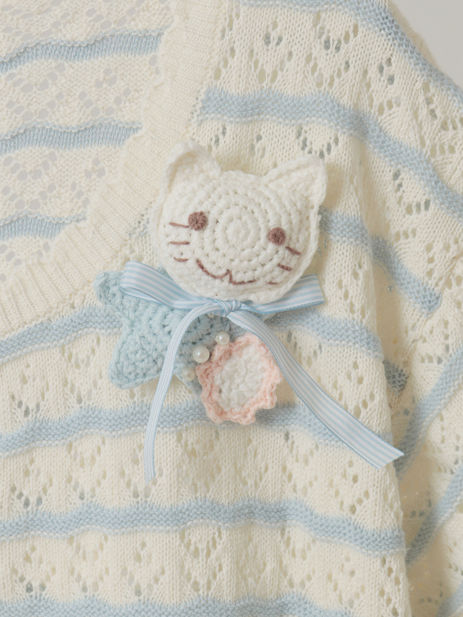 さざ波とねこミニブローチ付きニットカーディガン 詳細画像 アイボリー&times;ピンク 11