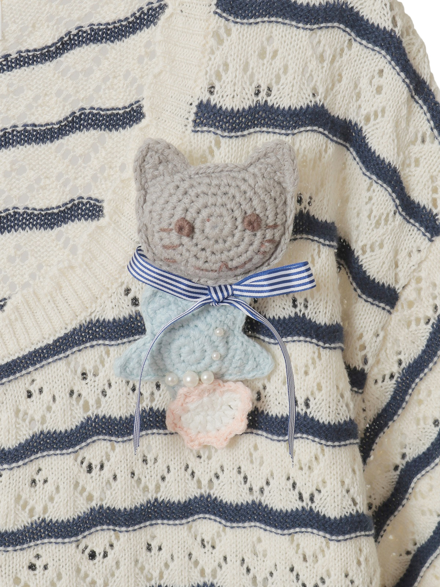 さざ波とねこミニブローチ付きニットカーディガン 詳細画像 アイボリー&times;ピンク 6