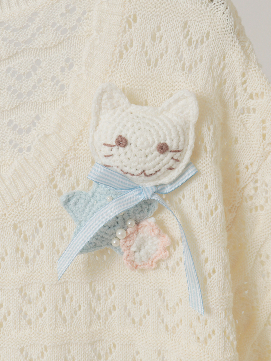 さざ波とねこミニブローチ付きニットカーディガン 詳細画像 アイボリー&times;ピンク 9