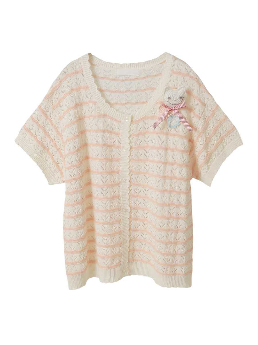 さざ波とねこミニブローチ付きニットカーディガン 詳細画像 アイボリー&times;ピンク 1