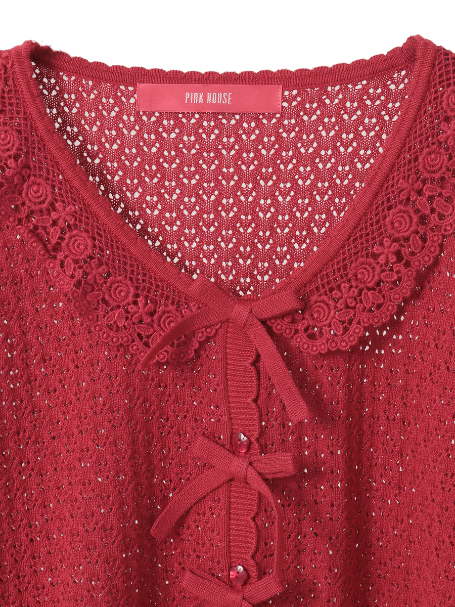 コットンレース使い透かしニットカーディガン 詳細画像 クロ 3