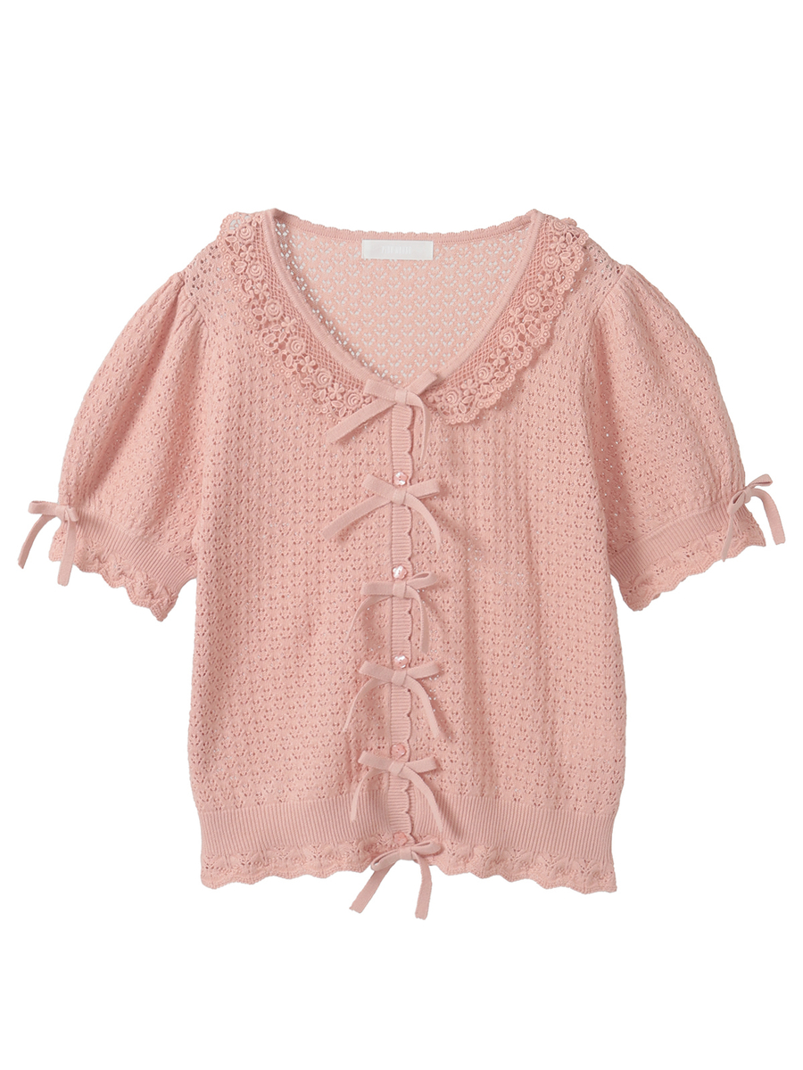 コットンレース使い透かしニットカーディガン 詳細画像 ピンク 1