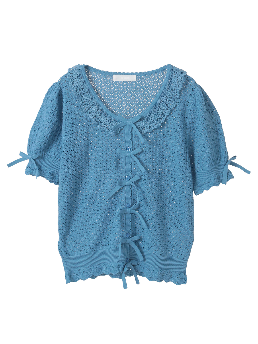 コットンレース使い透かしニットカーディガン 詳細画像 ブルー 1