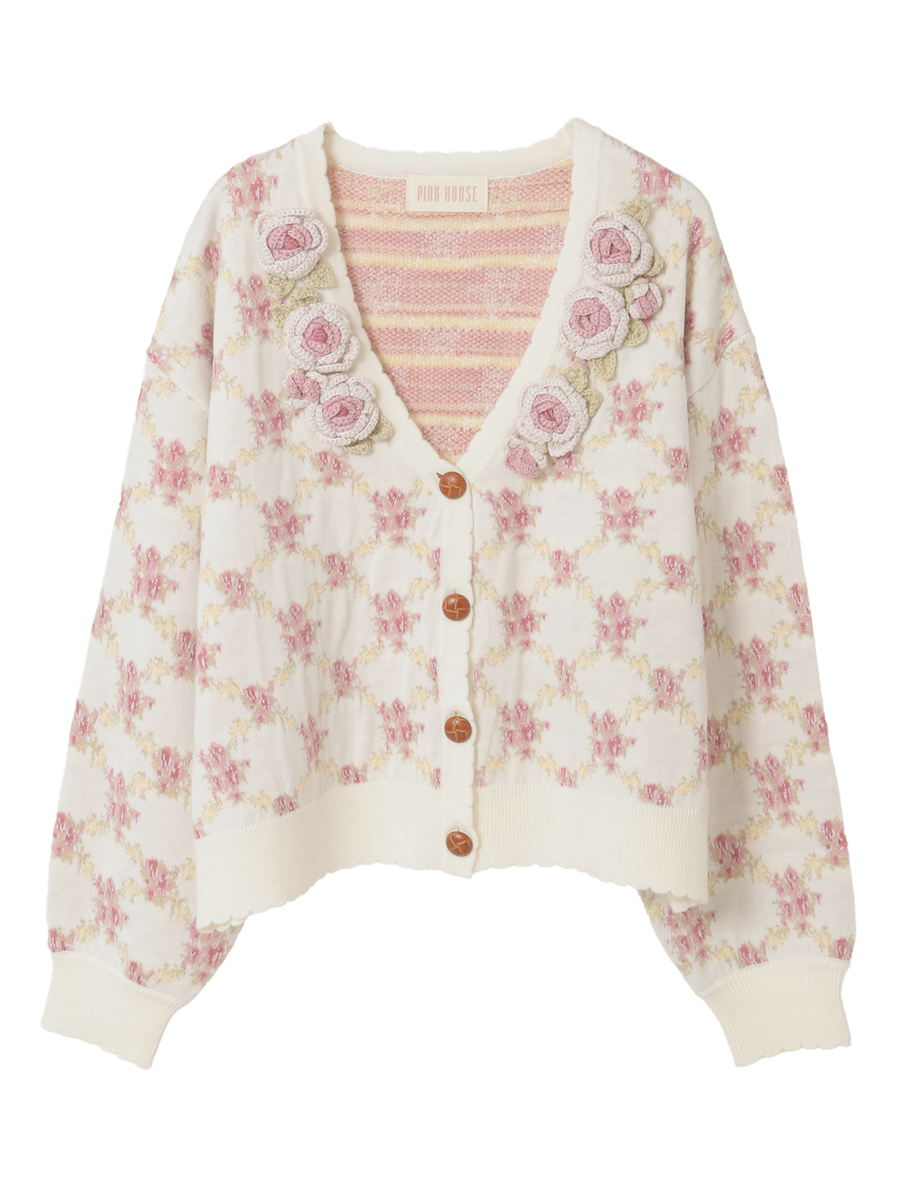 ローズモチーフ使いジャガードニットカーディガン 詳細画像 ローズレッド 1