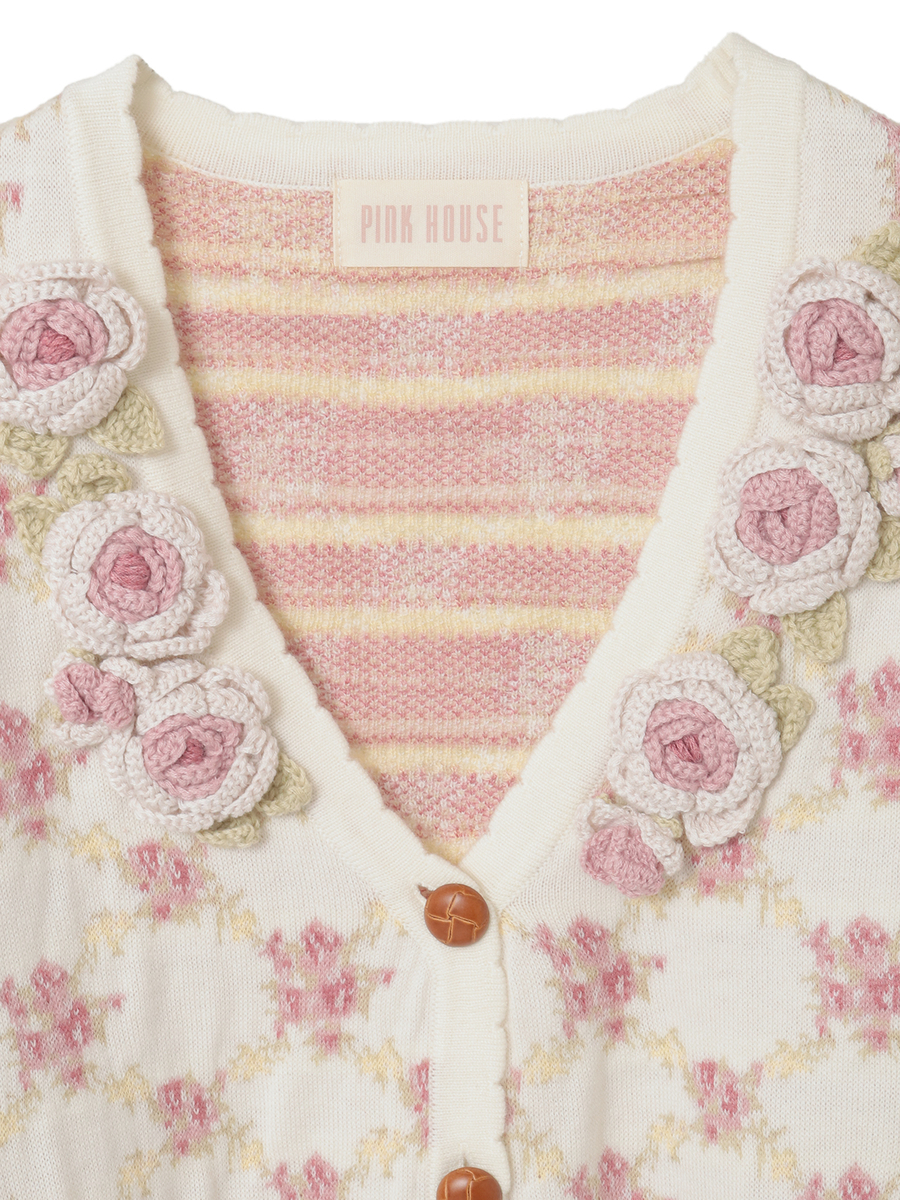 ローズモチーフ使いジャガードニットカーディガン 詳細画像 ローズレッド 3