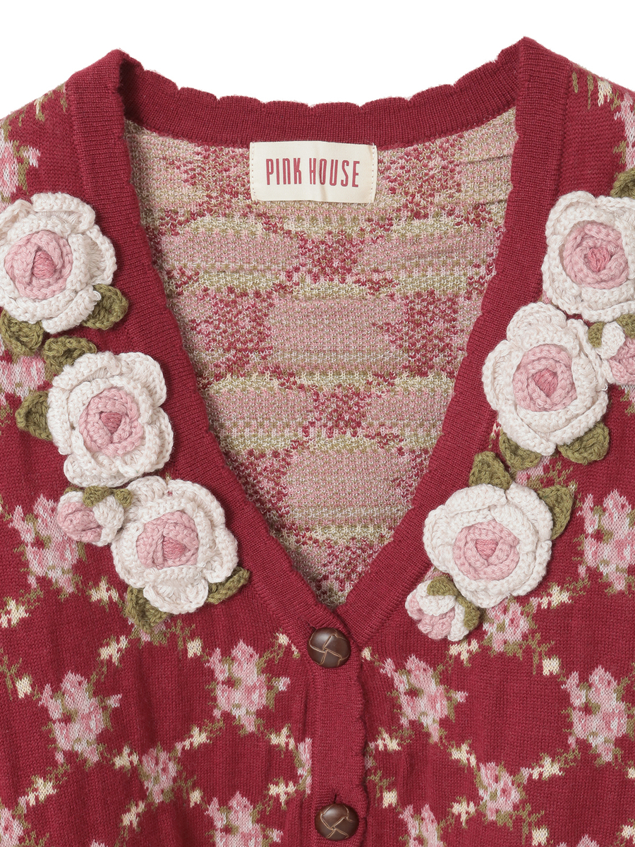 ローズモチーフ使いジャガードニットカーディガン 詳細画像 ローズレッド 9