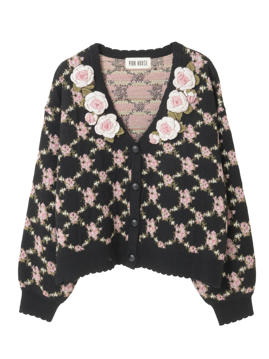 ローズモチーフ使いジャガードニットカーディガン 詳細画像 クロ 1