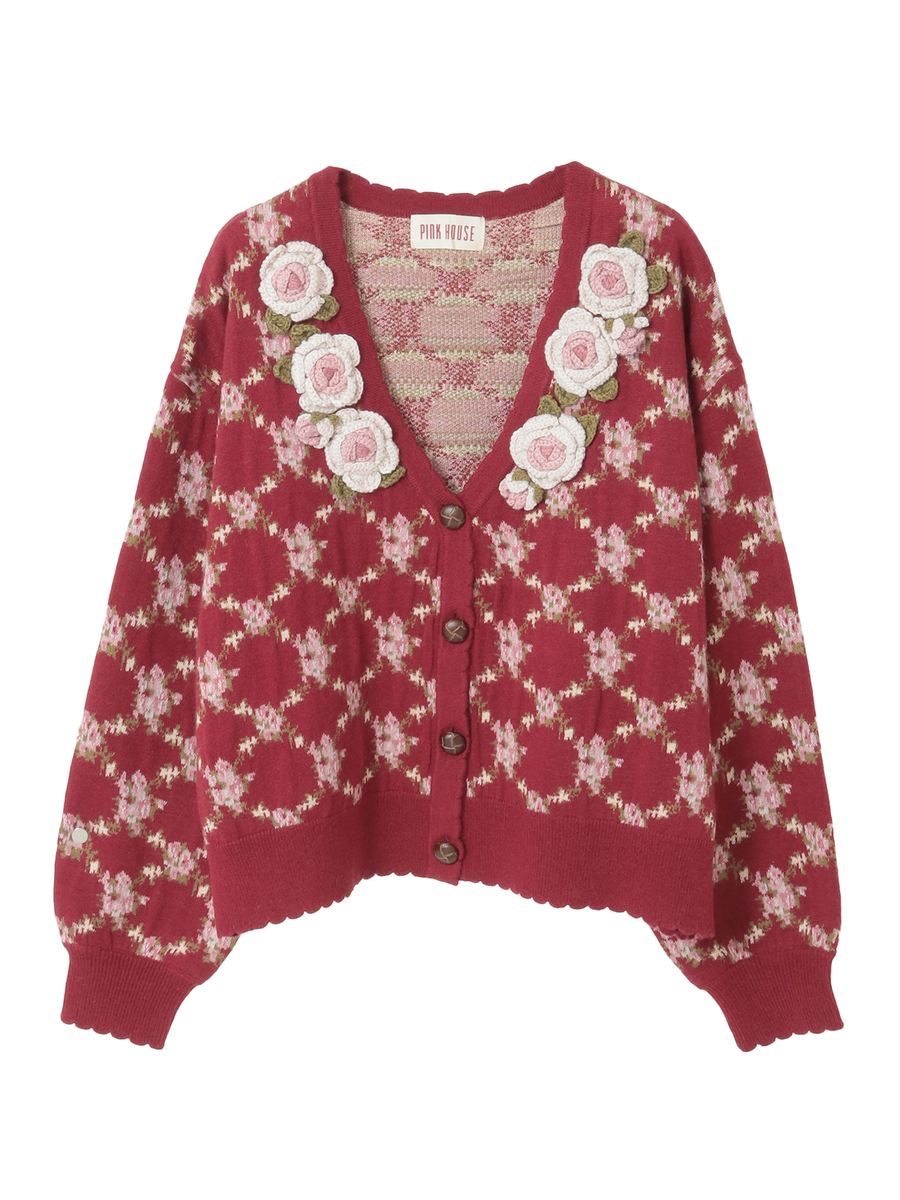 ローズモチーフ使いジャガードニットカーディガン 詳細画像 ローズレッド 1