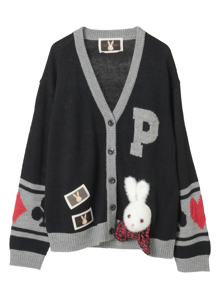 うさぎ顔ぐるみモチーフ付きニットカーディガン 詳細画像 クロ 1