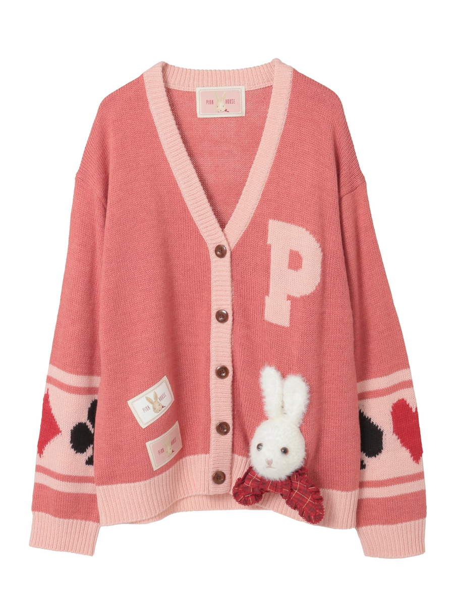 新品未使用　ピンクハウスワッペンブローチ付き モチーフ付きカーディガン うさぎ顔ぐるみモチーフ付きニットカーディガン｜ピンクハウス