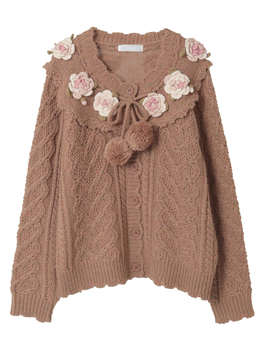バラモチーフ付き丸ヨークニットカーディガン 詳細画像 ショコラ 1