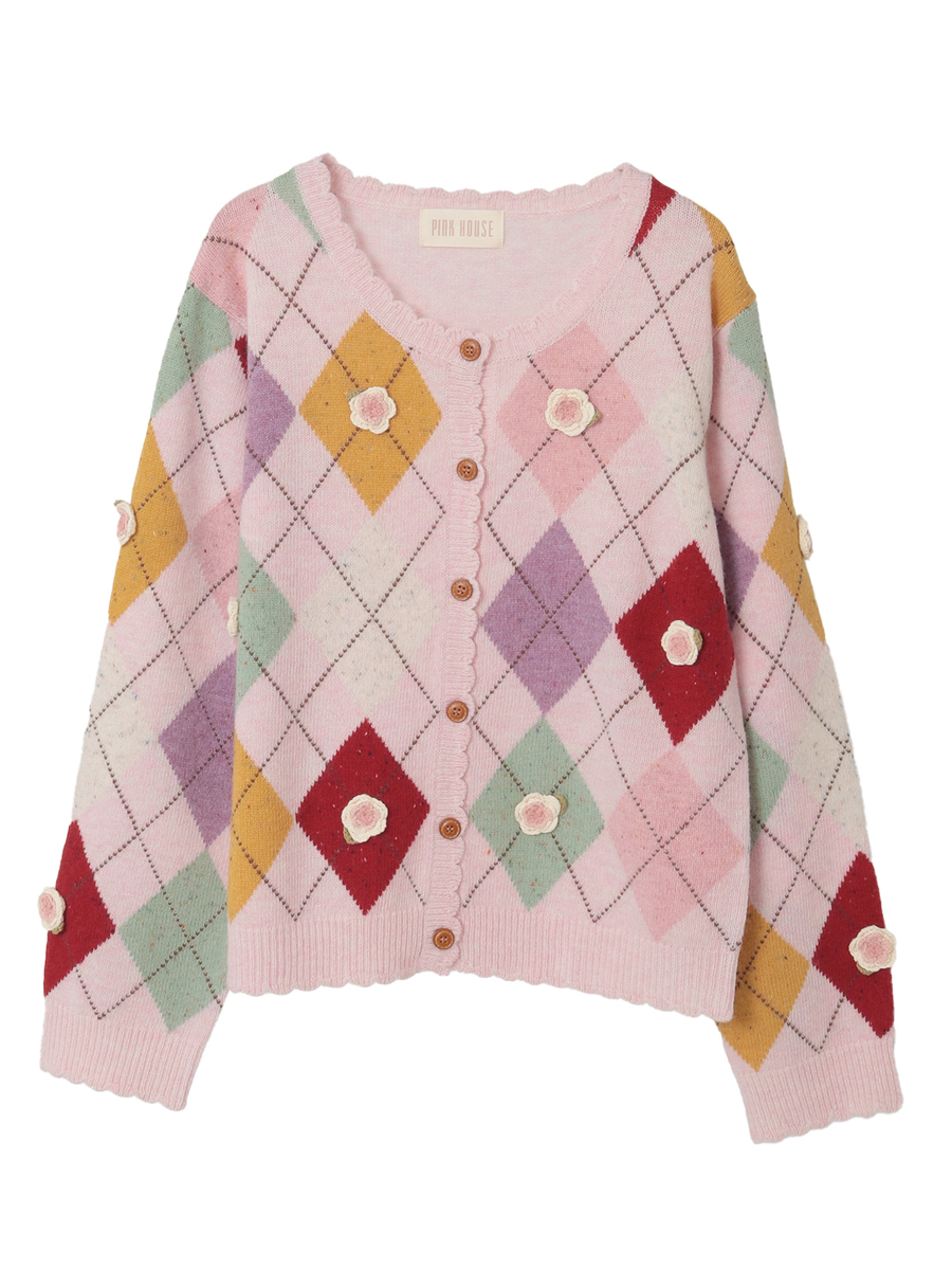 モチーフ付きアーガイルニットカーディガン 詳細画像 ピンク 1