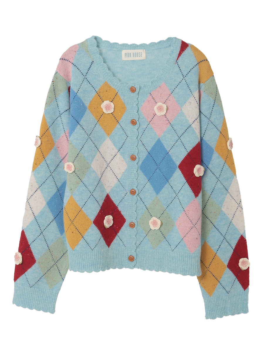 モチーフ付きアーガイルニットカーディガン 詳細画像 ブルー 1