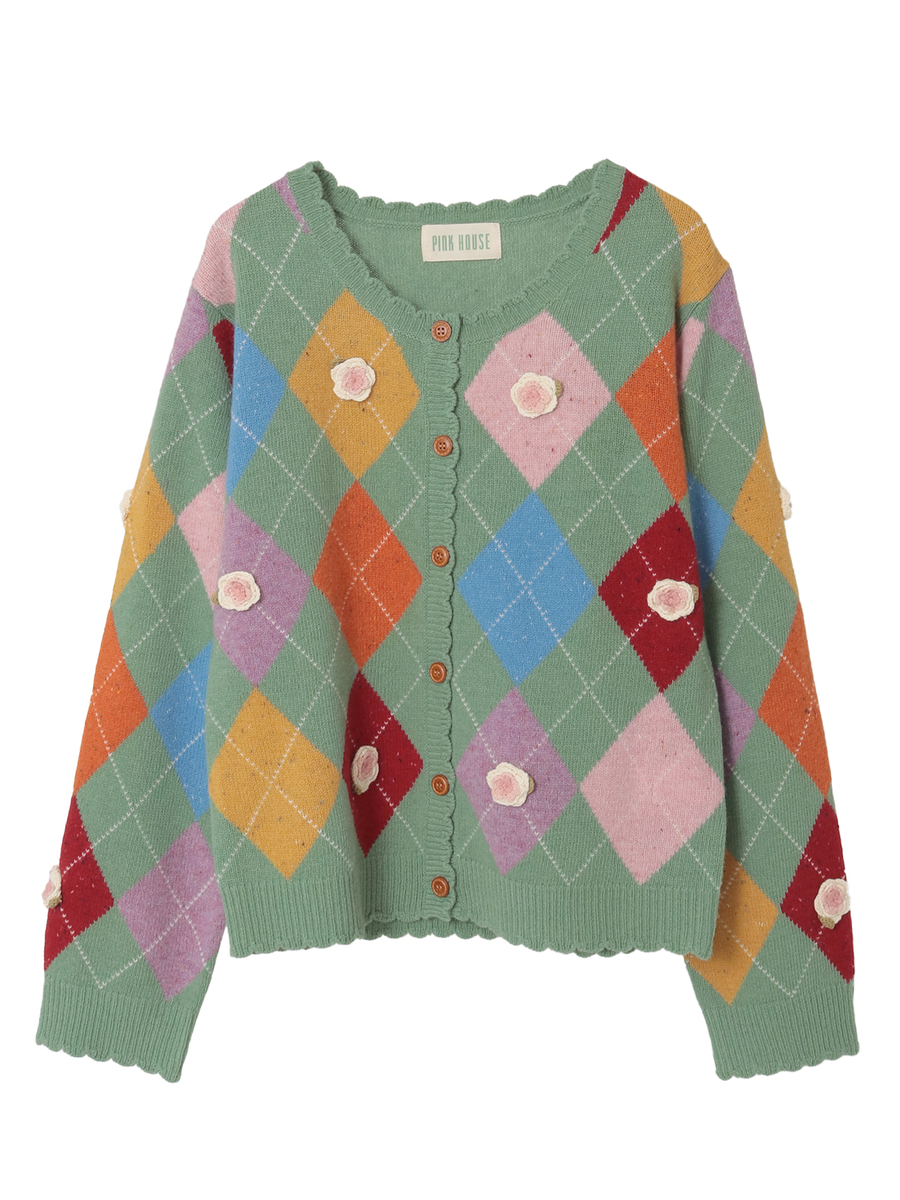 モチーフ付きアーガイルニットカーディガン 詳細画像 ハッカ 1