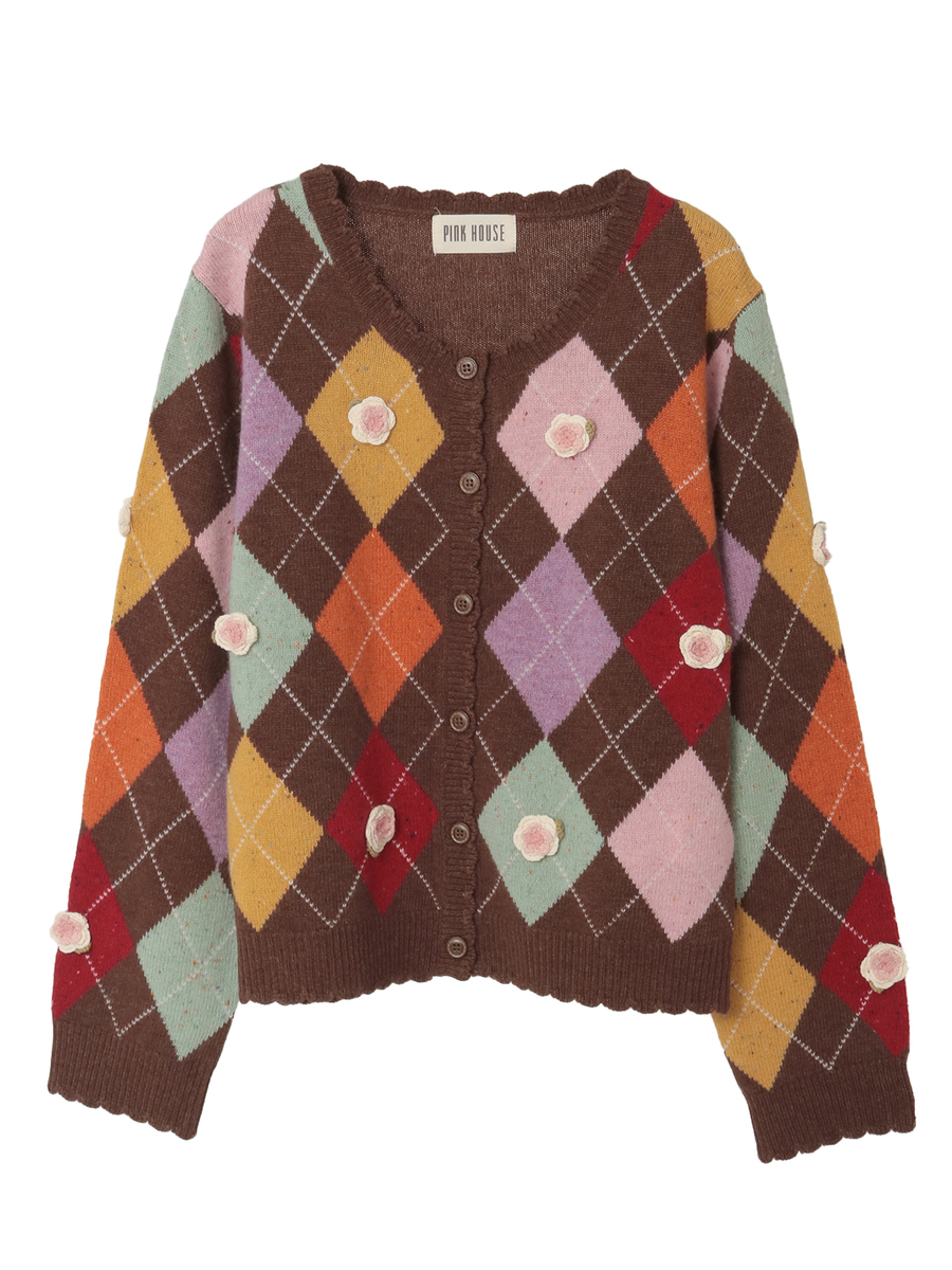 モチーフ付きアーガイルニットカーディガン 詳細画像 ショコラ 1