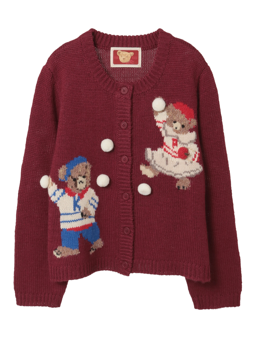 三つ子のくまの冬支度モチーフニットカーディガン 詳細画像 アカ 1