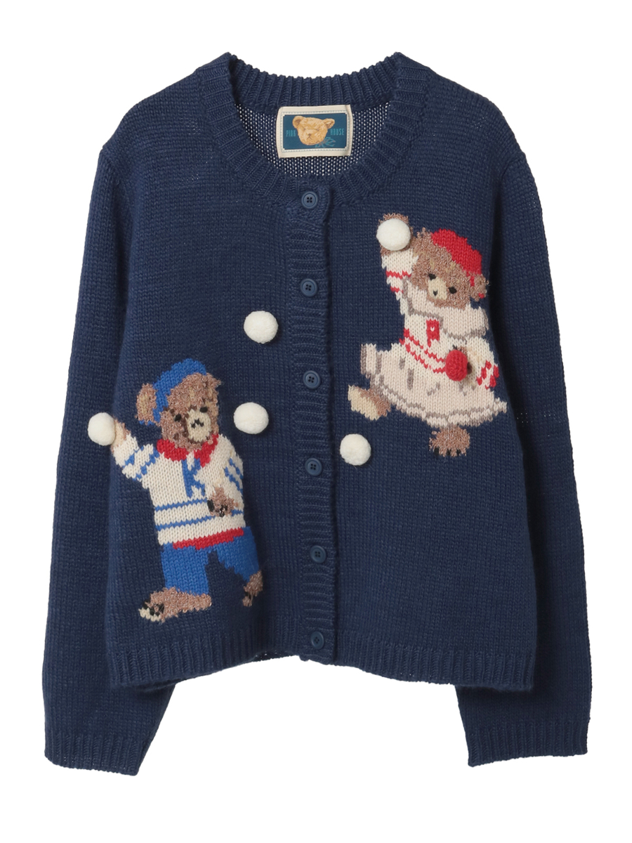 三つ子のくまの冬支度モチーフニットカーディガン 詳細画像 ネイビー 1