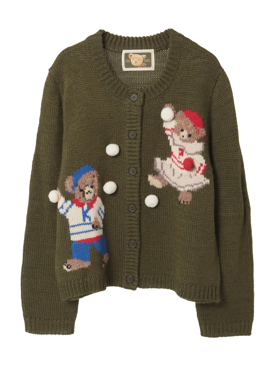 三つ子のくまの冬支度モチーフニットカーディガン 詳細画像 カーキ 1