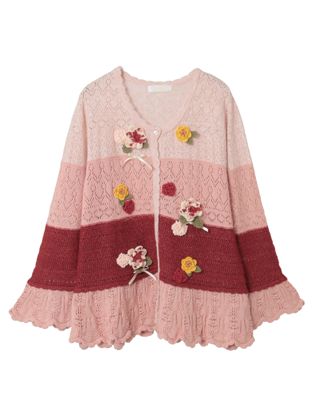 モチーフ付き透かし柄ニットカーディガン