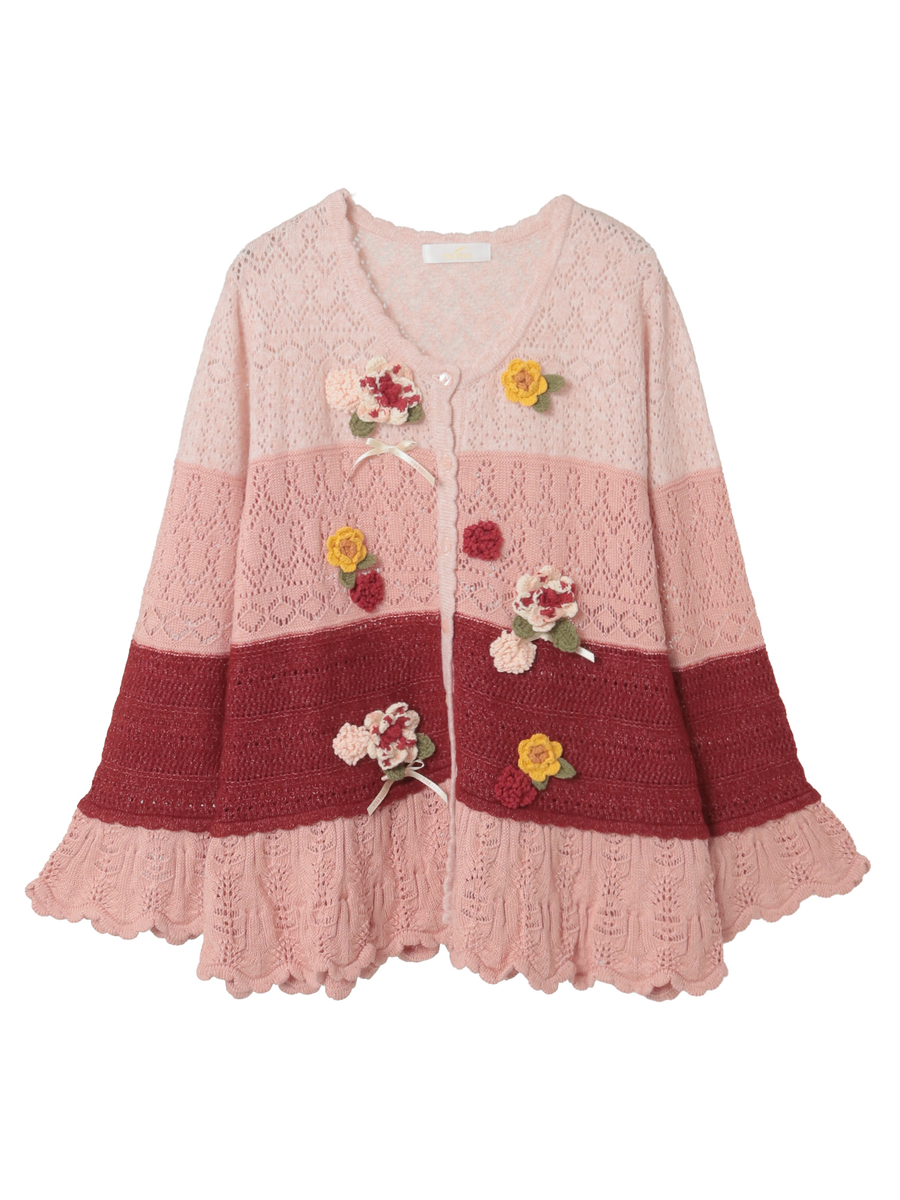 モチーフ付き透かし柄ニットカーディガン 詳細画像 ブルー系 1