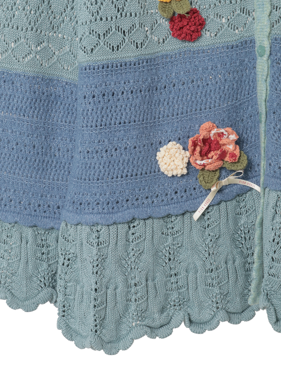 モチーフ付き透かし柄ニットカーディガン 詳細画像 ブルー系 12