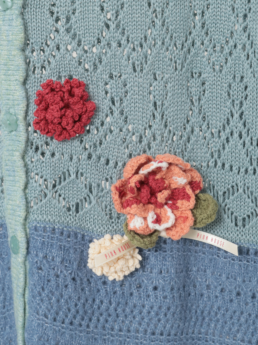 モチーフ付き透かし柄ニットカーディガン 詳細画像 ブルー系 13