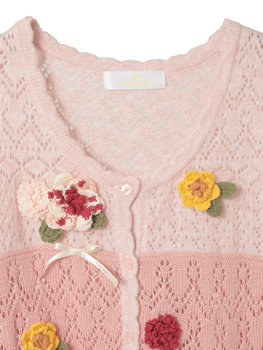 モチーフ付き透かし柄ニットカーディガン 詳細画像 ブルー系 3