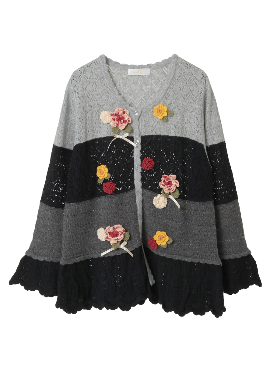 モチーフ付き透かし柄ニットカーディガン 詳細画像 クロ系 1