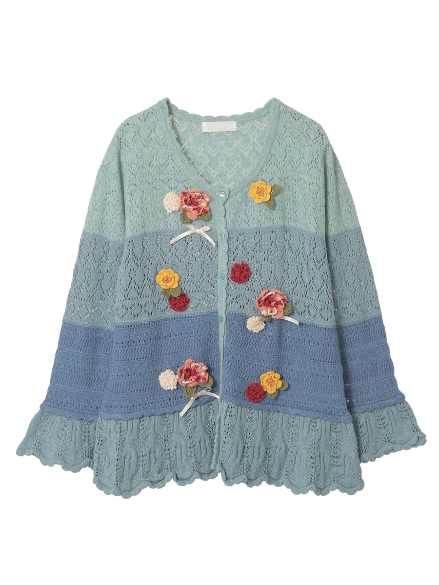 モチーフ付き透かし柄ニットカーディガン 詳細画像 ブルー系 1