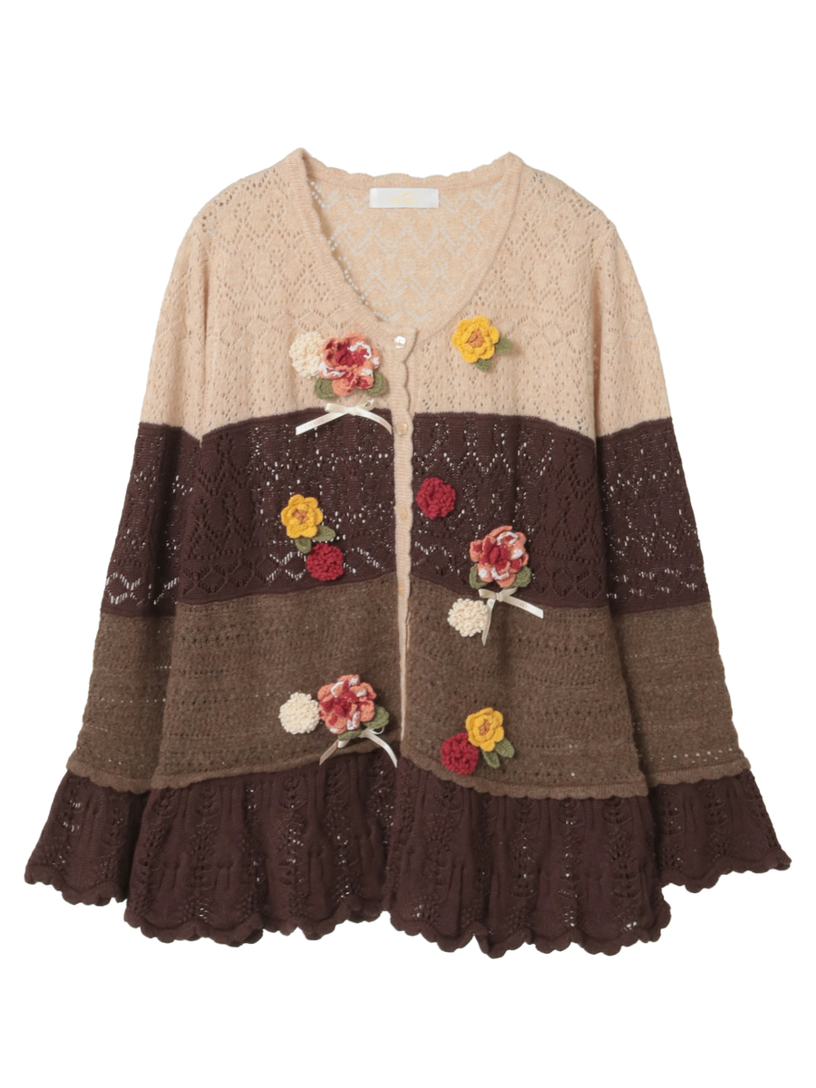 モチーフ付き透かし柄ニットカーディガン 詳細画像 ブラウン系 1