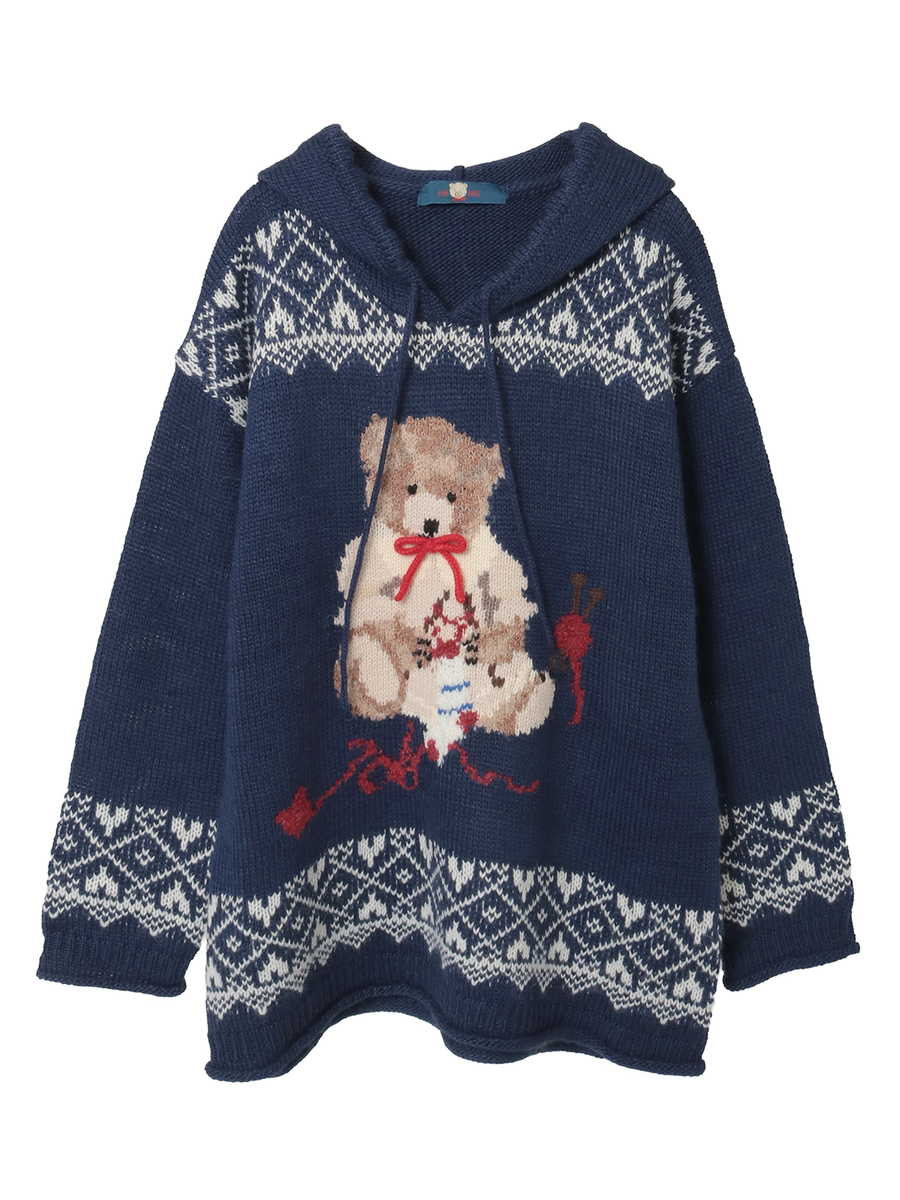 三つ子のくまの冬支度柄編み込みフード付きニット 詳細画像 カーキ 1