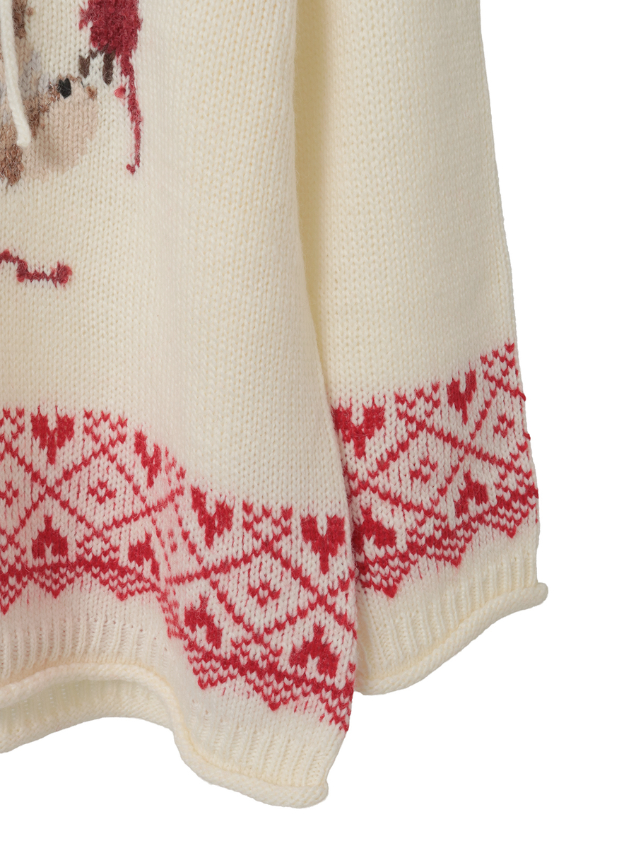 三つ子のくまの冬支度柄編み込みフード付きニット 詳細画像 カーキ 10