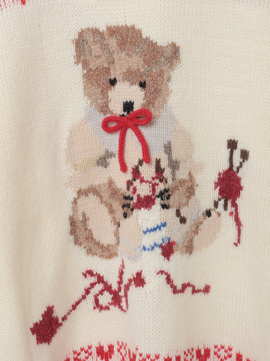 三つ子のくまの冬支度柄編み込みフード付きニット 詳細画像 カーキ 11