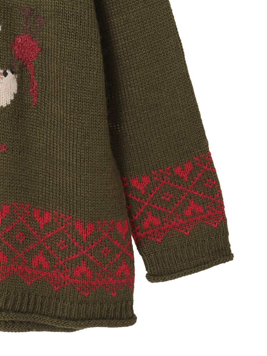 三つ子のくまの冬支度柄編み込みフード付きニット 詳細画像 カーキ 14