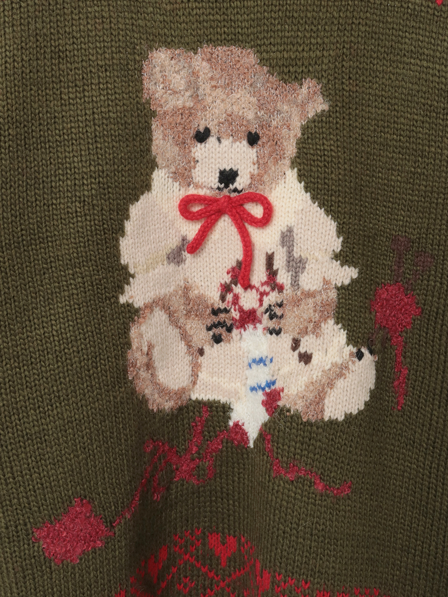 三つ子のくまの冬支度柄編み込みフード付きニット 詳細画像 カーキ 15