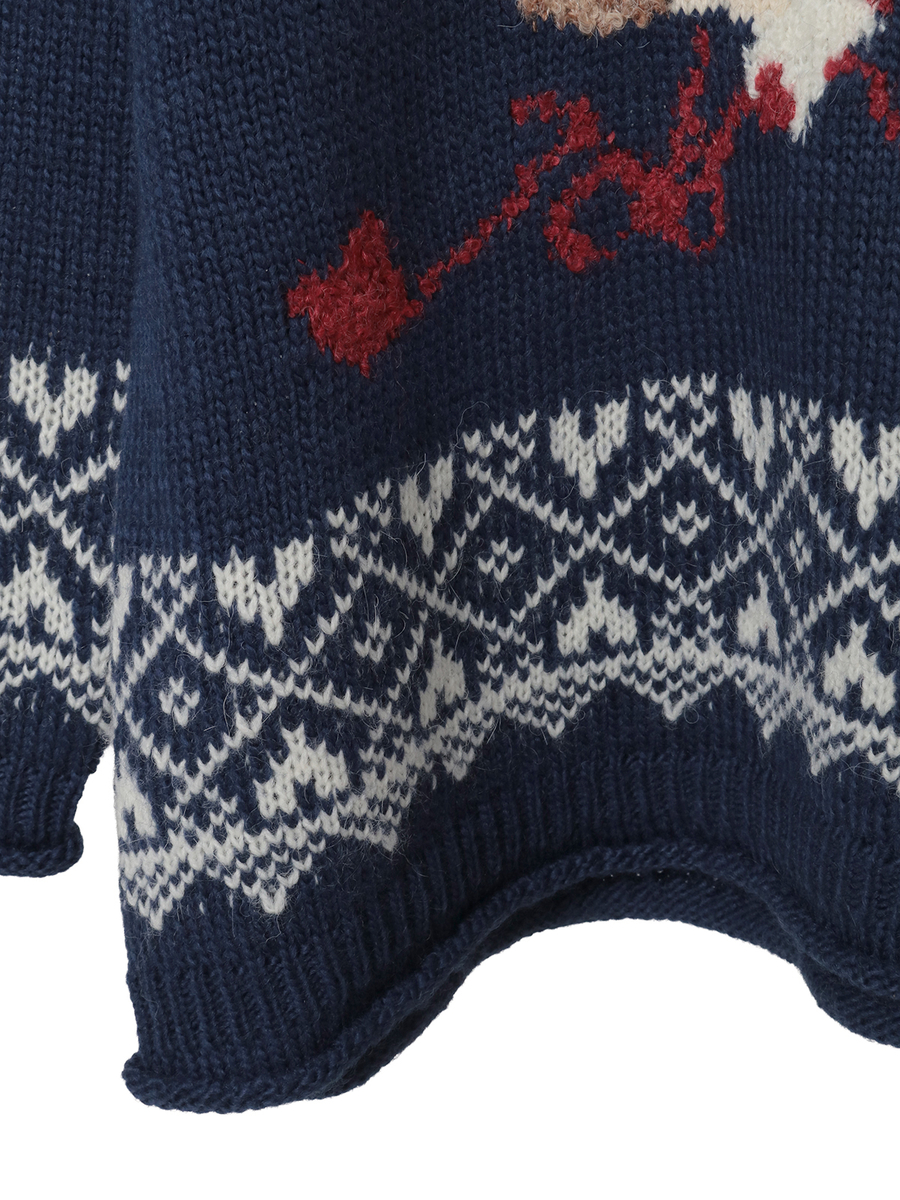 三つ子のくまの冬支度柄編み込みフード付きニット 詳細画像 カーキ 5