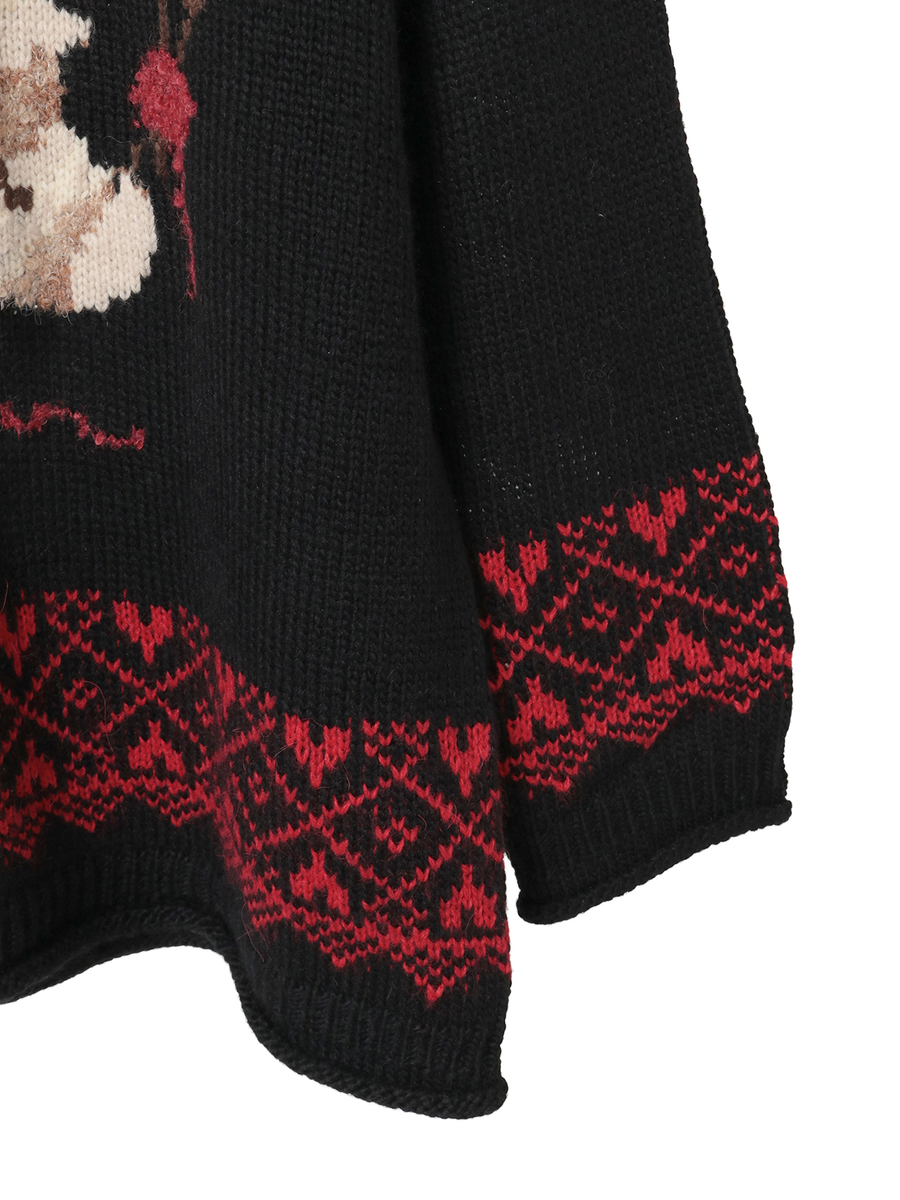 三つ子のくまの冬支度柄編み込みフード付きニット 詳細画像 カーキ 8