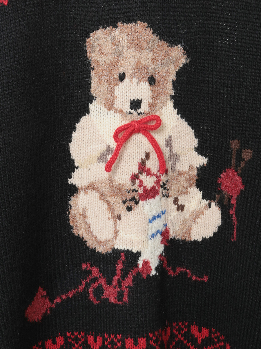 三つ子のくまの冬支度柄編み込みフード付きニット 詳細画像 カーキ 9