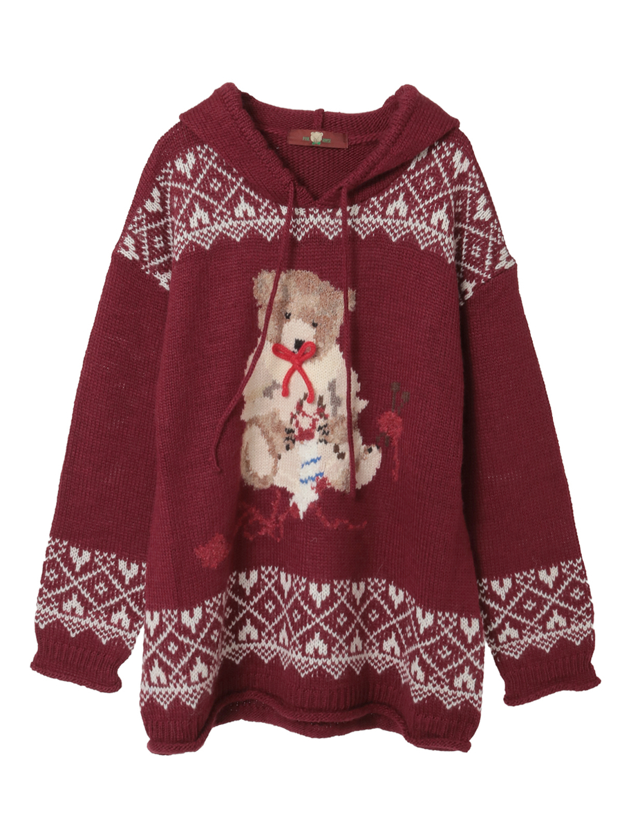 三つ子のくまの冬支度柄編み込みフード付きニット 詳細画像 アカ 1