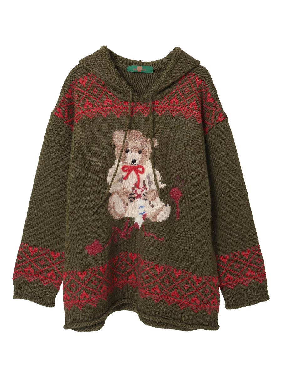 三つ子のくまの冬支度柄編み込みフード付きニット 詳細画像 カーキ 1