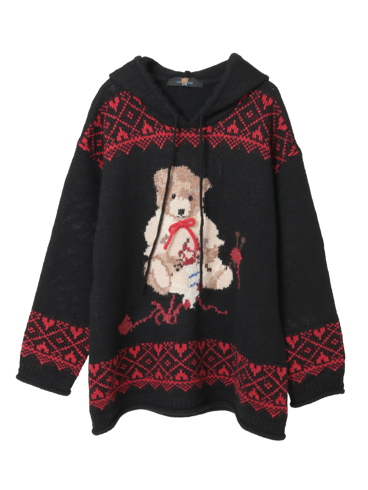 ピンクハウス 水色 くまちゃん編み フード付きニットカーディガン/2025年 三つ子のくまの冬支度柄編み込みフード付きニット｜ピンクハウス