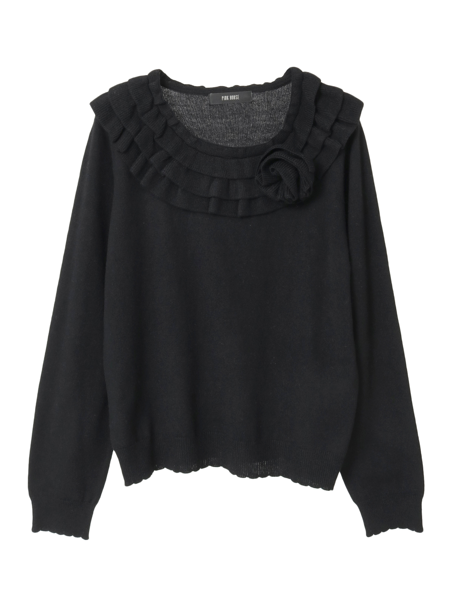 フラワーモチーフブローチ付きフリルニット 詳細画像 クロ 1