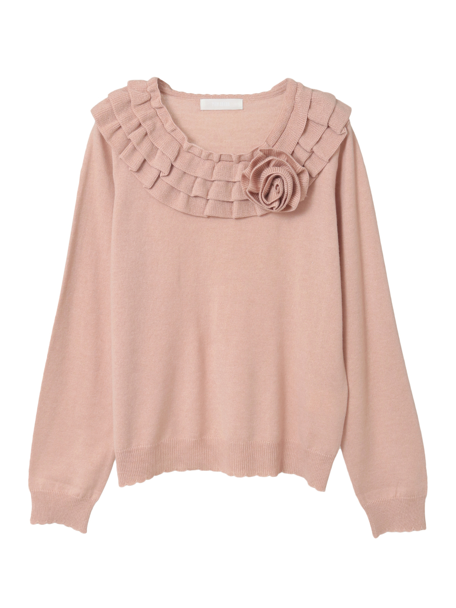 フラワーモチーフブローチ付きフリルニット 詳細画像 ピンク 1