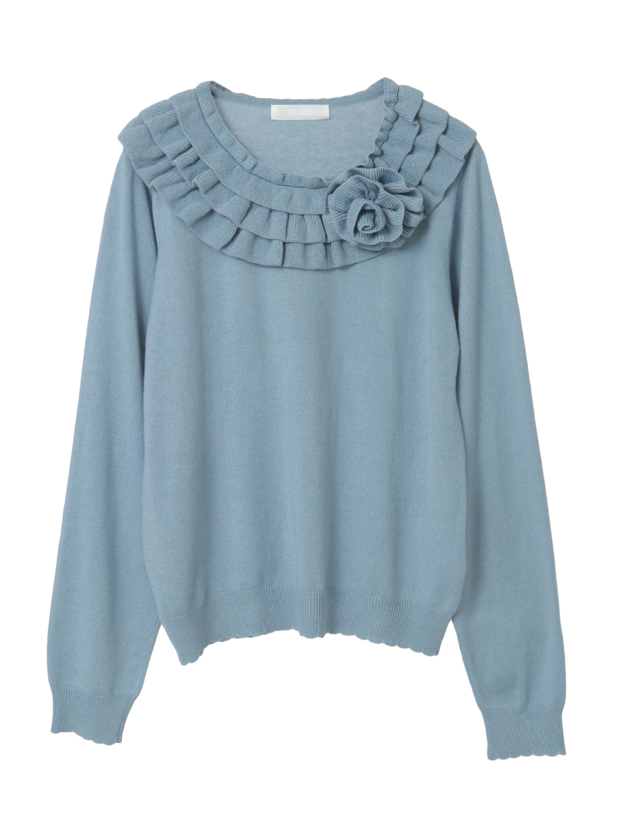 フラワーモチーフブローチ付きフリルニット 詳細画像 ブルーグレー 1
