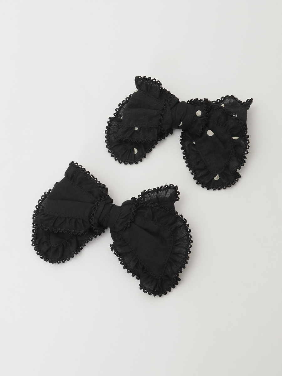 水玉プリント＆無地ローンリボンブローチセット 詳細画像 クロ×クロ 1