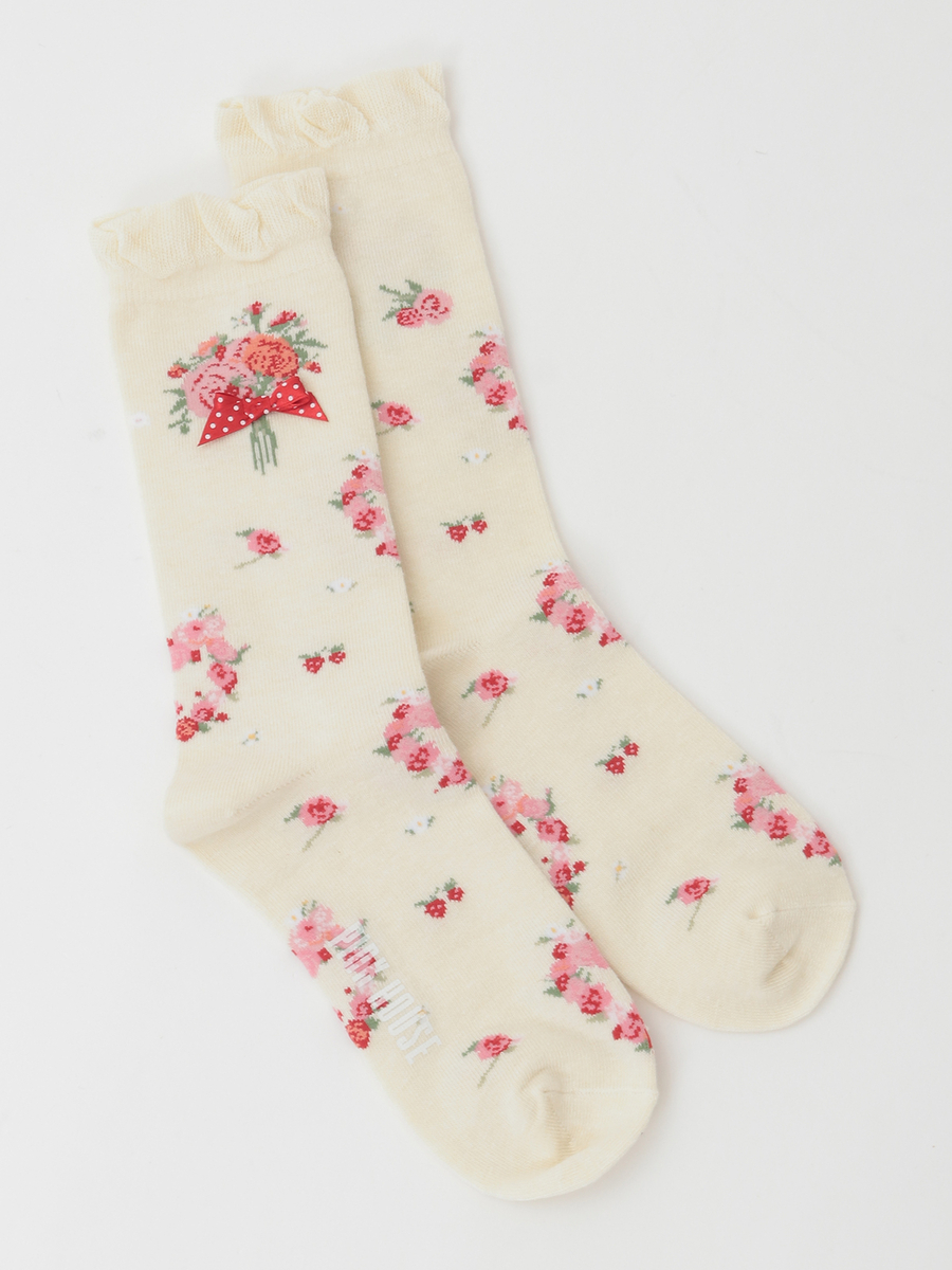 リボンブーケ柄ソックス 詳細画像 クロ 1